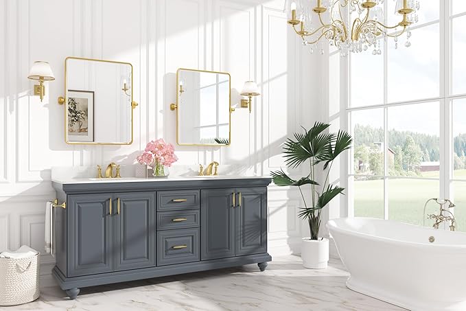 Keonjinn Pivot Mirror Bathroom, 24x30 Inch Gold Tilt Mirror Bathroom for Over Sink, Brushed Gold Framed Mirrors for Bathrooms, Adjustable Beveled Rounded Corner Tilt Wall Mirrors, Horizontal/Vertical