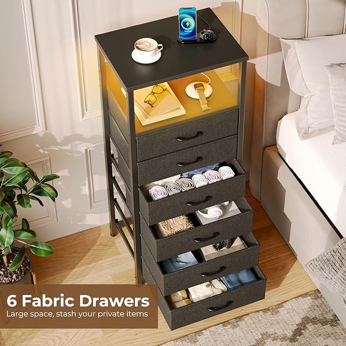 Seventable Night Stand with Charging Station, Tall Nightstand with 6 Fabric Storage Drawers, Side Table with LED Light for Bedroom, Entryway, Black