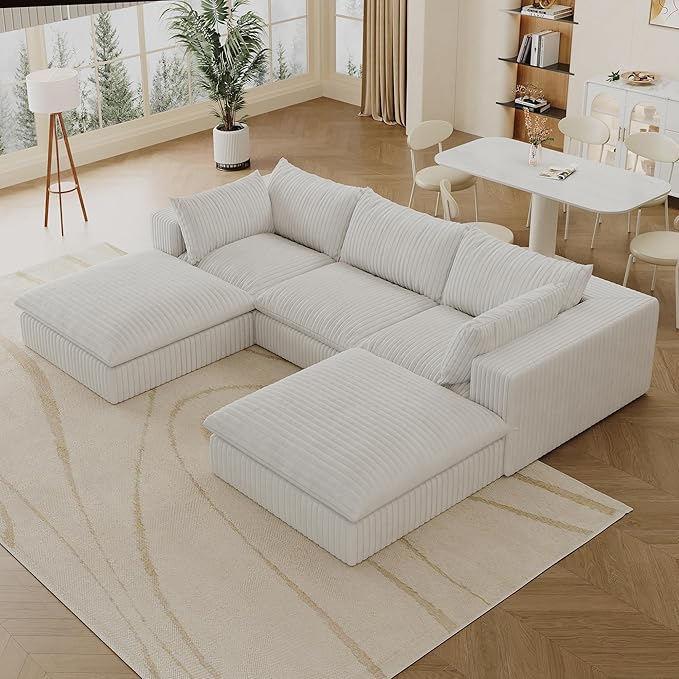 Down Filled Boneless Sectional Sofa Cloud Couch with Movable Ottomans, 118 inch Convertible U Shaped Lounge Couch w/Deep Seat, Fluffy Corduroy Upholstered Compress Modular Sofa
