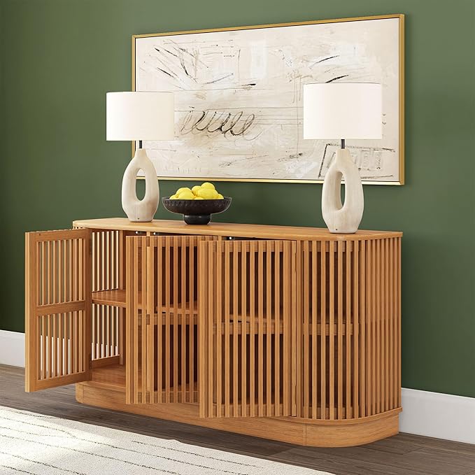 Plank+Beam Contour Wood TV Stand, Three Door Solid Wood Entertainment Console with Storage, 59" L x 16" W x 30" H, Pecan