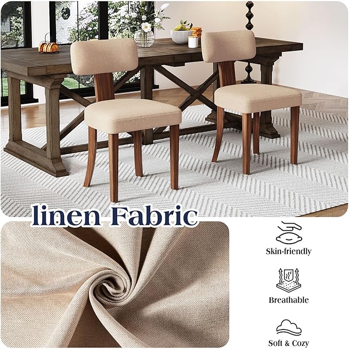 Mid Century Modern Dining Chairs Set of 2, Linen Upholstered Kitchen Chairs with Curved Backrest & Adjustable Legs for Living Room/Bedroom/Lounge, Easy to Install, Beige Linen