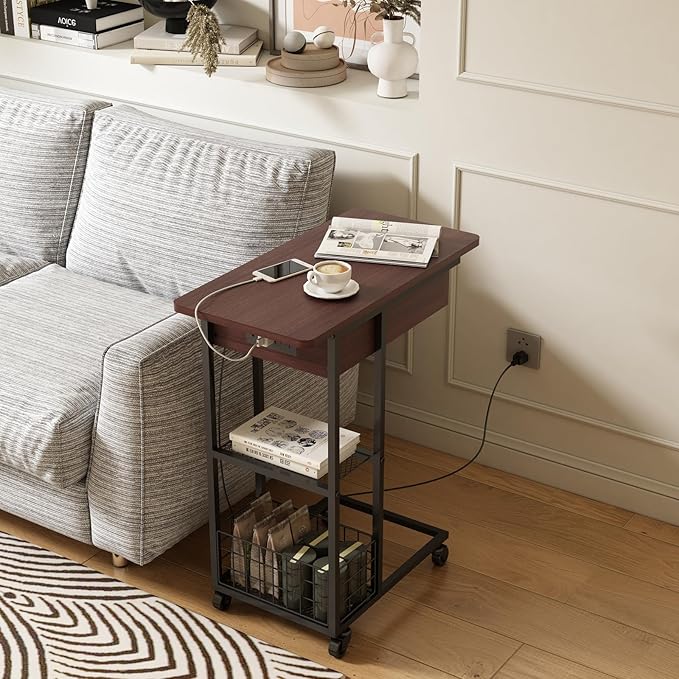 LIDYUK C Shaped End Table with Charging Station, Flip Top Side Table with USB Ports and Outlets, C Table Sofa Table with Storage Shelf for Living Room, Bedroom, Dark Cherry