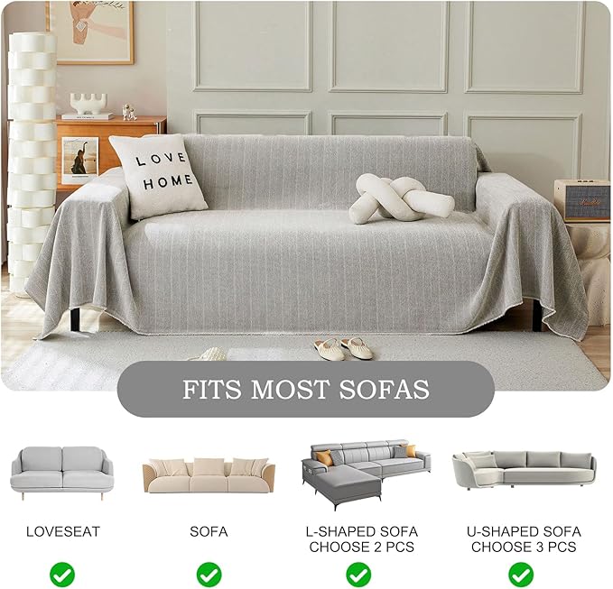 STACYPIK Silver Gray Chenille Sofa Cover for Dogs, Jacquard Multi-Use Couch Covers, Pet Protector for 2 Cushion Couch with Tassel, Washable Loveseat Cover for Sectional, L Shaped Couch Cover-71X118IN