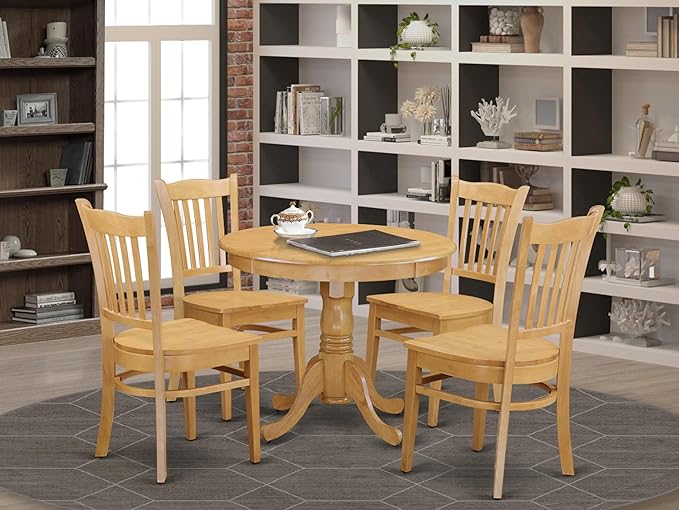 East West Furniture ANGR5-OAK-W 5 Piece Kitchen Table & Chairs Set Includes a Round Dining Room Table with Pedestal and 4 Dining Chairs, 36x36 Inch, Oak