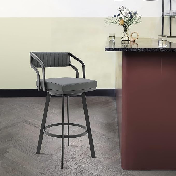 Armen Living Scranton Modern 26" Seat Height Gray Faux Leather and Black Steel Metal Swivel Bar Stool for Kitchen Island Counter