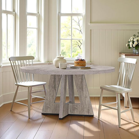 Round Dining Table for 4, 47 Inch Dinner Table Farmhouse Wooden Circle Kitchen Tables with Cross Base for Dining Room, Kitchen, Living Room, Gray
