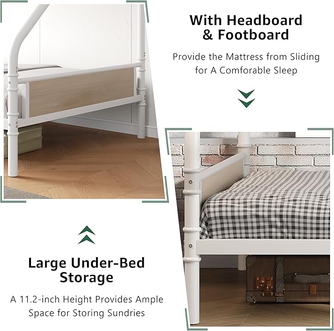Metal Bunk Bed Twin Over Full, Industrial Bunkbeds Heavy Duty Bed with Safety Guard Rails and Space-Saving Design, Steel Bed for School, Bedroom (White)