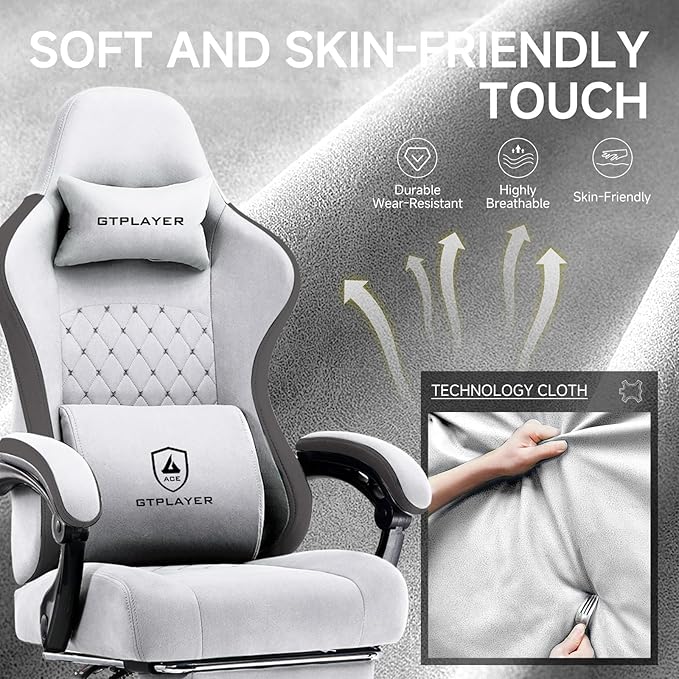 GTPLAYER Office Chair, Gaming Computer Desk Fabric Chair with Footrest, High Back Ergonomic Office Chair with Pocket Spring Lumbar Support and Linkage Armrests Adjustable Height Swivel for Home Task