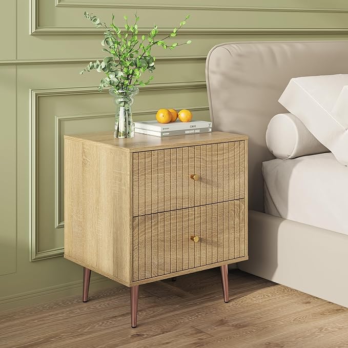 Wood Night Stand Set 2,Modern Bedside Table with Door and Open Storage Space,Fluted Nightstand and Wood End Side Table with Rose Gold Metal Legs and Handles for Bedroom,Living Room,Natural