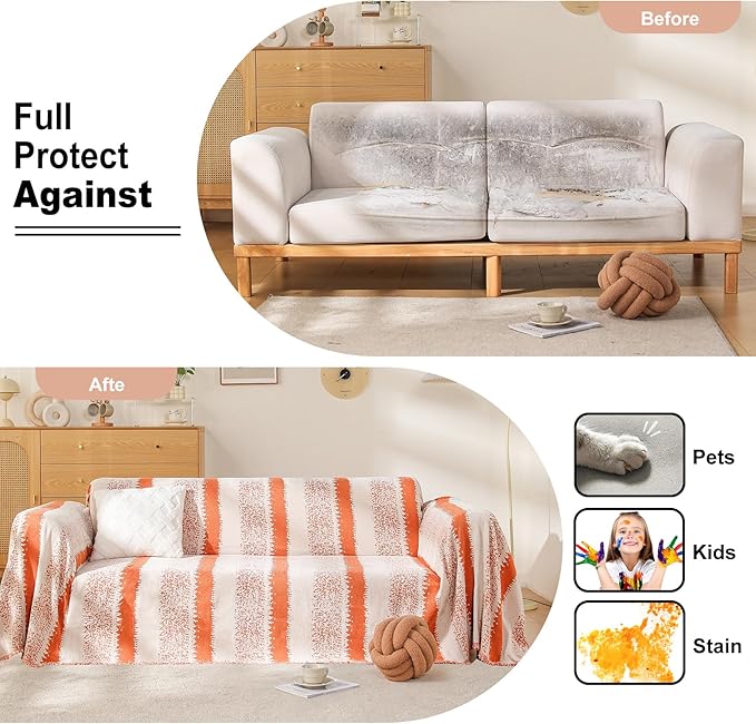 Boho Sofa Cover, Couch Covers for 3 Cushion Couch Sofa Pet Friendly, Sofa Cover Washable, Soft Chenille Living Room Couch Covers Slipcover, Pet Furniture Protecto (1# Orange, 71" x 150")