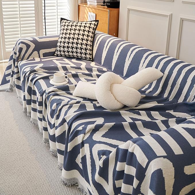 STACYPIK Reversible Boho Blue Beige Couch Cover for 2 Cushion Couch Sofa Cover for Dogs Anti-Scratch Furniture Protector Cover with Tassels for Pet Cat Non-Slip Loveseat Cover for Sectional-71X102IN
