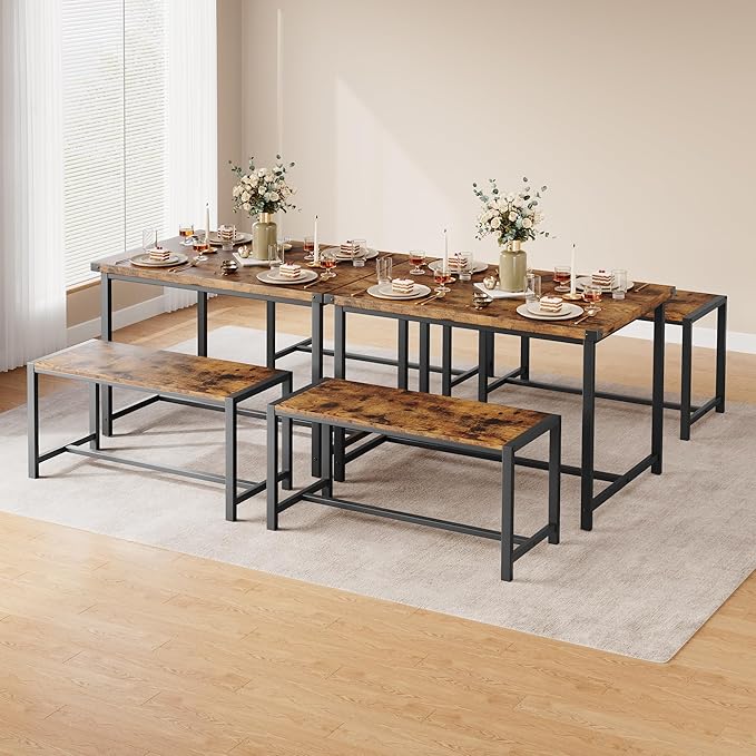 Dining Table Set for 4 with 2 Benches, 3-Piece Kitchen Table Set, Space-Saving Dining Set for Kitchen, Dining Room, Brown