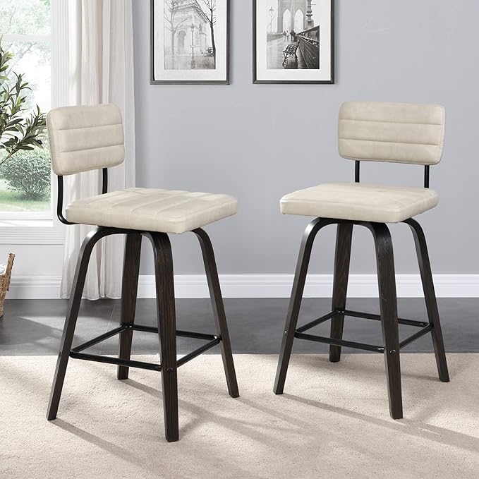 Swivel Bar Stools Set of 2, Counter Height, Wooden Frame, PU Leather Cushions, Beige