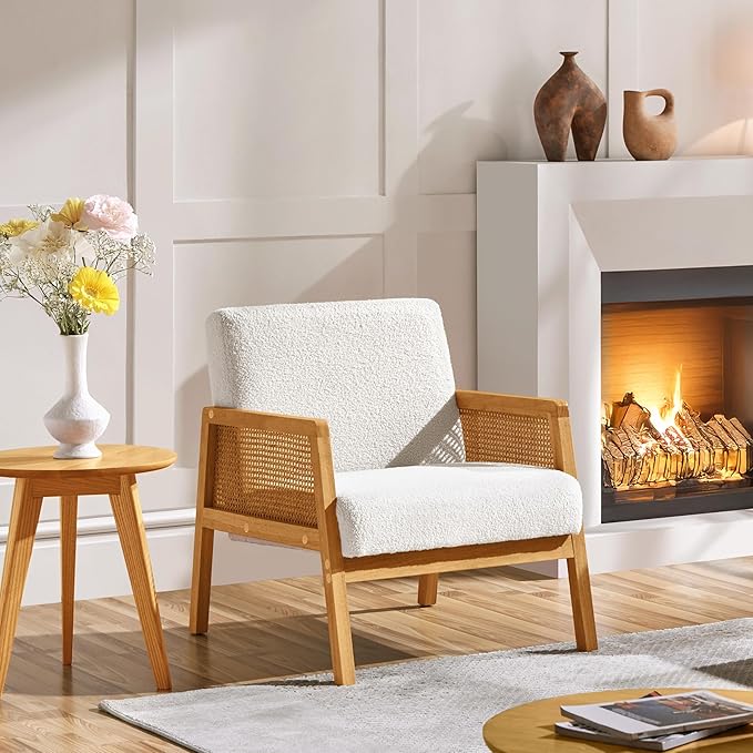 Yaheetech Boucle Fabric Accent Chair, Vintage Rattan Vanity Chair with Wood Armrest and Legs for Living Room Bedroom Makeup Room, Ivory, 2 pcs