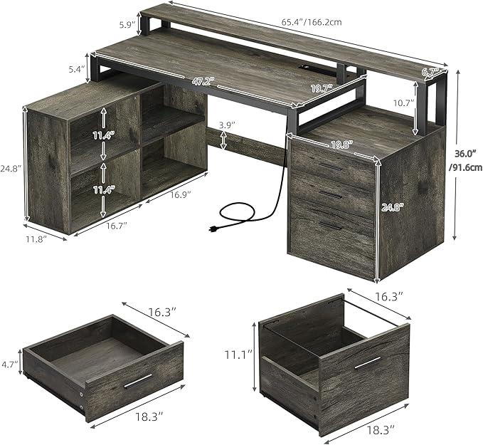 DWVO L Shaped Desk with Drawers, 65" Computer Desk with Power Outlets & LED Lights, Corner Home Office Desk with Storage Shelves & Printer Stand, Grey