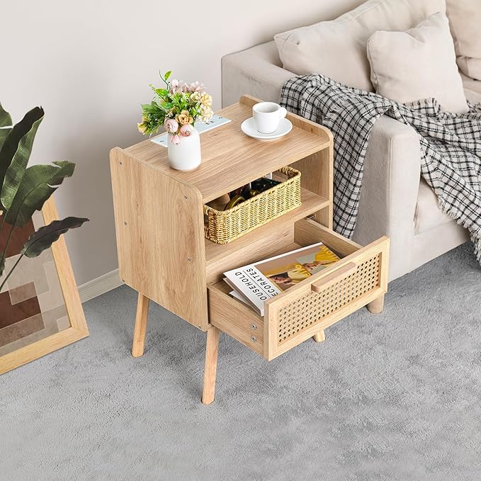 Lerliuo Rattan Nightstand with Charging Station, Boho Side Table with Drawer Open Shelf, Cane Accent Bedside End Table for Bedroom, Dorm and Small Spaces