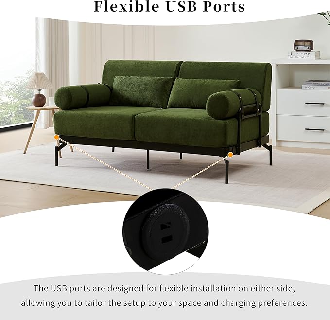 Modern Loveseat Sofa 59" Sofa Couch 2-Seater Sofa with Flexible USB Ports, Unique Cylindrical Armrests for Living Room, Green