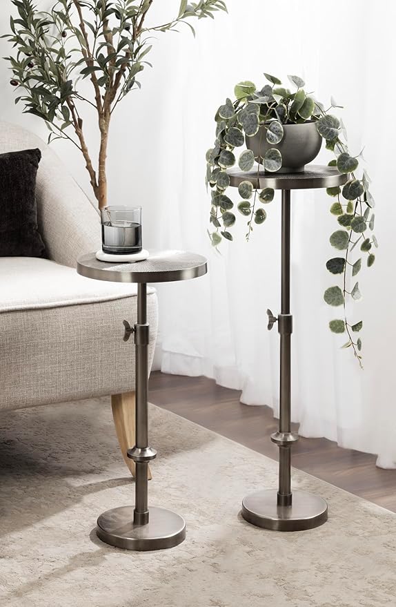 Kate and Laurel Engles Traditional Adjustable-Height Pedestal Drink Table; 10 x 10 x 30; Antique Silver; Vintage Round Indoor Metal Plant Stand with Embossed Sunburst Pattern
