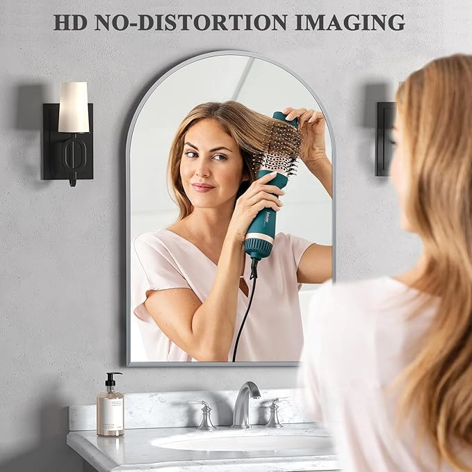 20" x 30" Silver Arched Mirror, Modern Aluminum Alloy Metal Frame, Arch Bathroom Vanity and Wall Decor Mirror for Bathroom, Living Room, Bedroom, Entryway