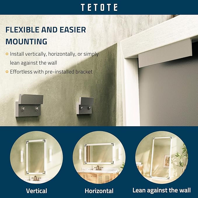 TETOTE 48 x 36 White Wooden Mirror for Bathroom Wall/Bedroom/Living Room/Entryway Farmhouse Rustic Wall Mirror Waterproof (Horizontal/Vertical Mounted)