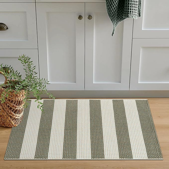 OJIA Fall Front Door Mat 24"x36" Halloween Doormat Striped Porch Rugs Checkered Rug Washable Entry Rug Woven Cotton Indoor Outdoor Rug Small Area Rug for Kitchen Entryway Patio (Green/White/Tan)