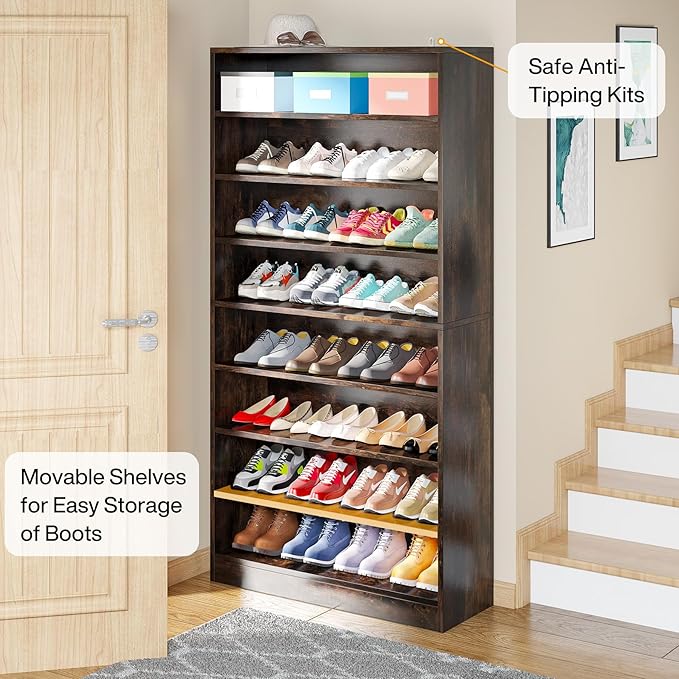 Tribesigns Tall Shoe Cabinet, 9 Tiers 40-45 Pairs Heavy Duty Wood Freestanding Shoe Storage Cabinet, 70.8'' Tall Shoe Cabinet with Open Storage for Entryway (Rustic Brown)