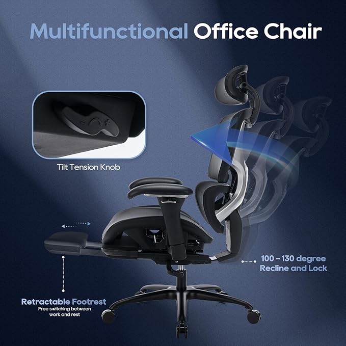 COLAMY Ergonomic Mesh Office Chair with Footrest, Executive High Back Computer Desk Chair with Wide Headrest and Adjustable 3D Arms, Backrest Height, Tilt Lock and Lumbar Support, Black