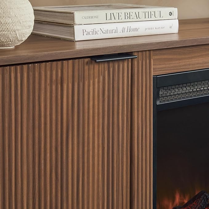 Walker Edison Chloe Reeded TV Stand with Fireplace Insert, 75 Inch, 70 Inch, Mocha
