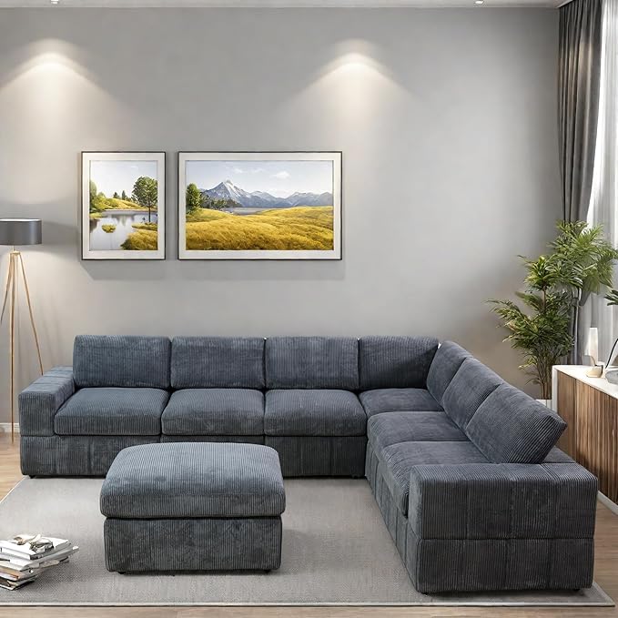 L Shaped Sectional Couches for Living Room, Modular Sectional Couch with Ottoman & Chaise, Modern Lounge Living Room Furniture Sofa for Adults, Dark Grey