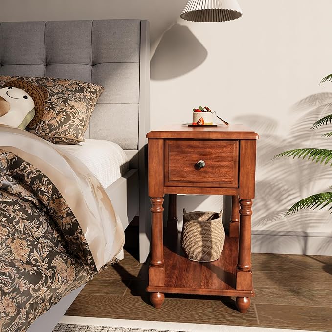 LEEMTORIG Solid Wood End Table Narrow Side Table with Drawer, Cherry Wood End Table living room, 13"W Slim Bedside Table Small Nightstand, 22"D x 22.3"H, No-tools Assembly, Beeswax Brown BBJ-004-DR
