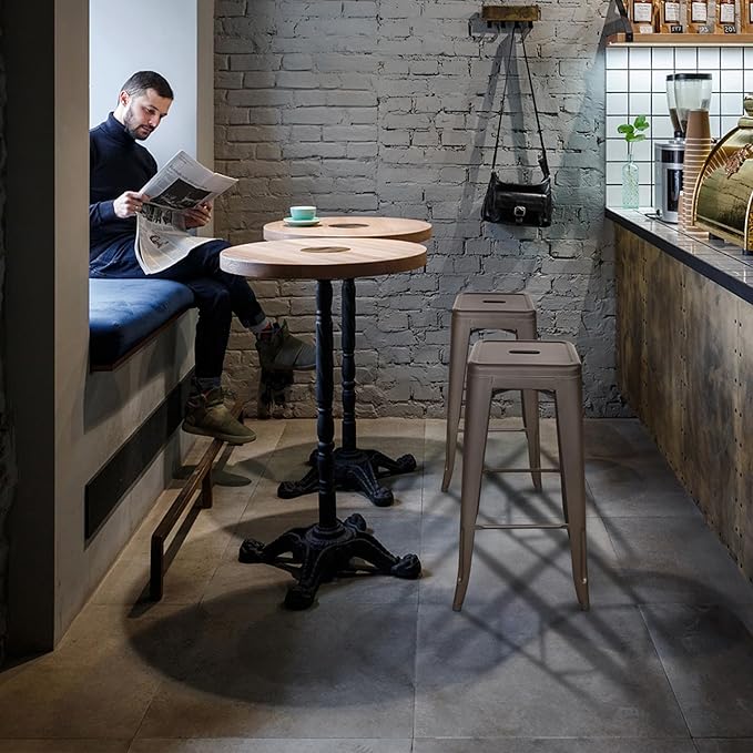 30 Inches Metal Bar Stools, High Backless Stools, Indoor Outdoor Stackable Kitchen Stools, Set of 4, Brown