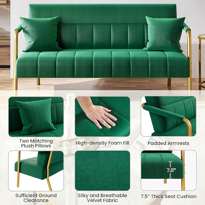 Yaheetech 56.5" W Modern Sofa Small Sofa Luxurious Velvet Fabric Couch with Gold-Tone Metal Arms and Legs for Living Room, Home Office, Studio Green