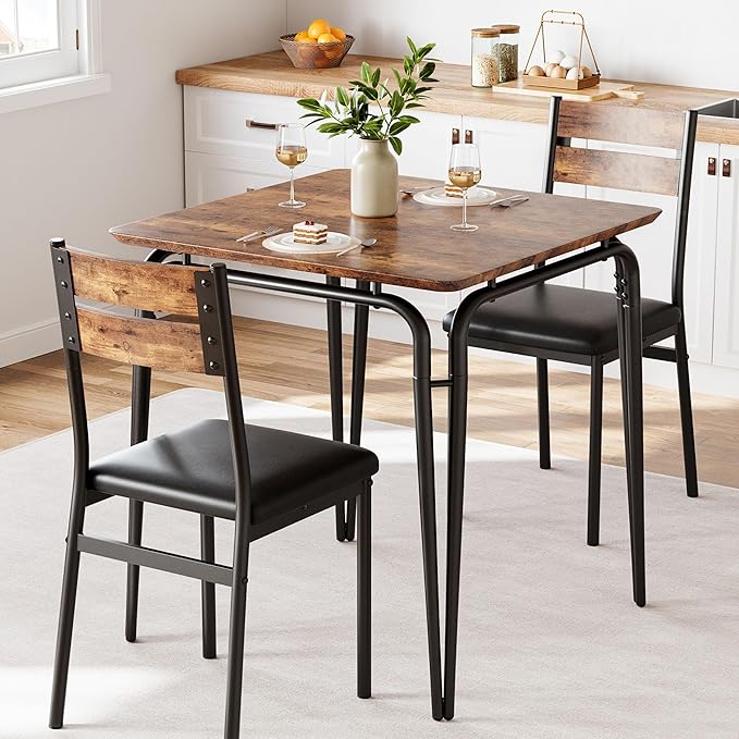Dining Table for 2, Small Table and Chairs Set of 2, Square Dinette Set for 2, 3 Piece Kitchen & Dining Room Sets for Small Space (Vintage, Table with 2 Upholstered Chairs)