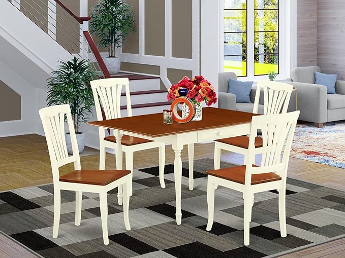 East West Furniture MZAV5-WHI-W 5 Piece Kitchen Table & Chairs Set Includes a Rectangle Dining Room Table with Dropleaf and 4 Dining Chairs, 36x54 Inch, Buttermilk & Cherry