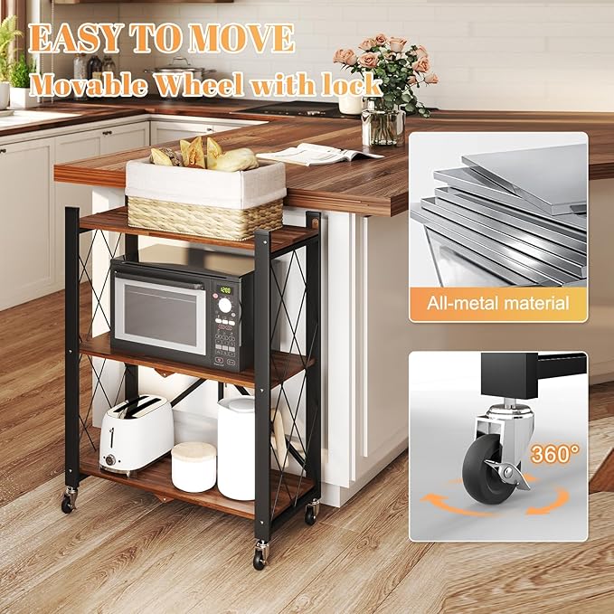 BAOYOUNI 3-Tier Vintage Industrial Bookshelf - No Assembly Folding Storage Shelf with Woodgrain Finish | Collapsible Metal Bookcase for Living Room, Office & Bedroom