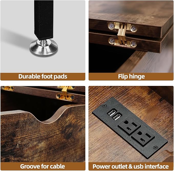 Toocust End Table Living Room with Charging Station, 11"D x 24"W x 23"H, Flip Top Side Table with USB Ports and Outlets, Narrow End Table with 5.3" Deep Drawer, Reinforced Steel X-Frame, Rustic Brown
