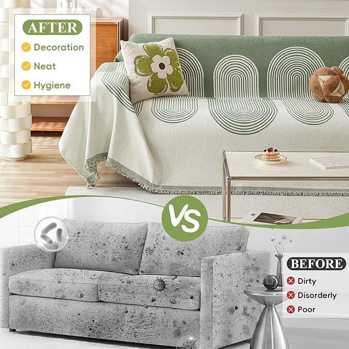 STACYPIK Green Geometric Couch Cover Boho Sofa Cover for Sectional Non-Silp Sofa Covers for Dogs Reversible Beige Couch Cover Loveseat Cover L Shaped Furniture Protector for 3 Cushion Couch-71X150IN