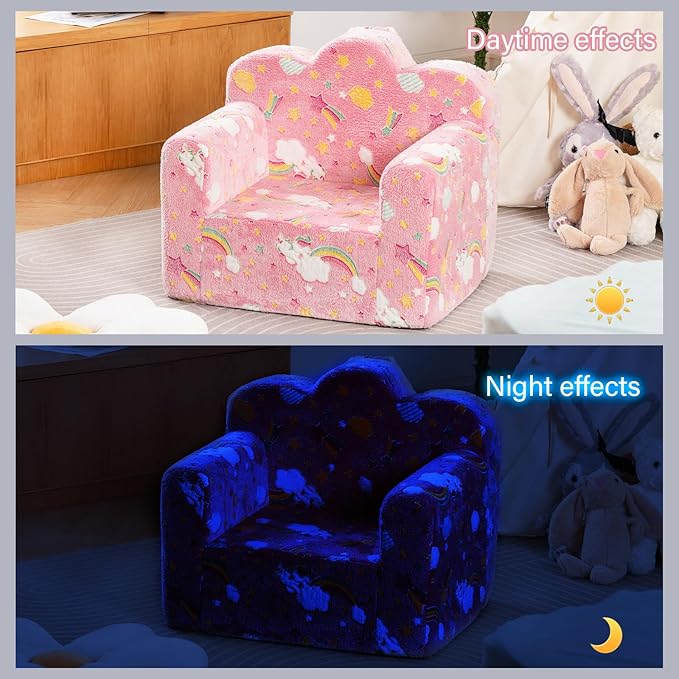 Tiita Kids Couch Plush Toddler Chair, Cloud-Like Glow in The Dark Kids Sofa Toddler Reading Chair with Washable Cover Carrying Handle, Convertible Children Sofa Chair for Girls and Boys