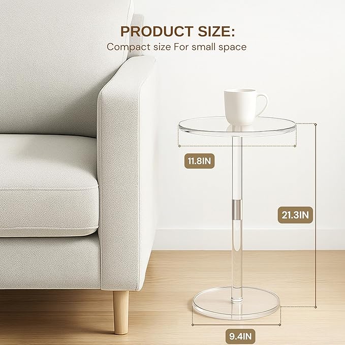 Acrylic Side Table, Round Drink Table for Small Spaces – Modern Clear End Table for Bedroom, Living Room, Office, Outdoor, Bathroom | Minimalist Design, Easy Assembly 11.8" W x 21" H