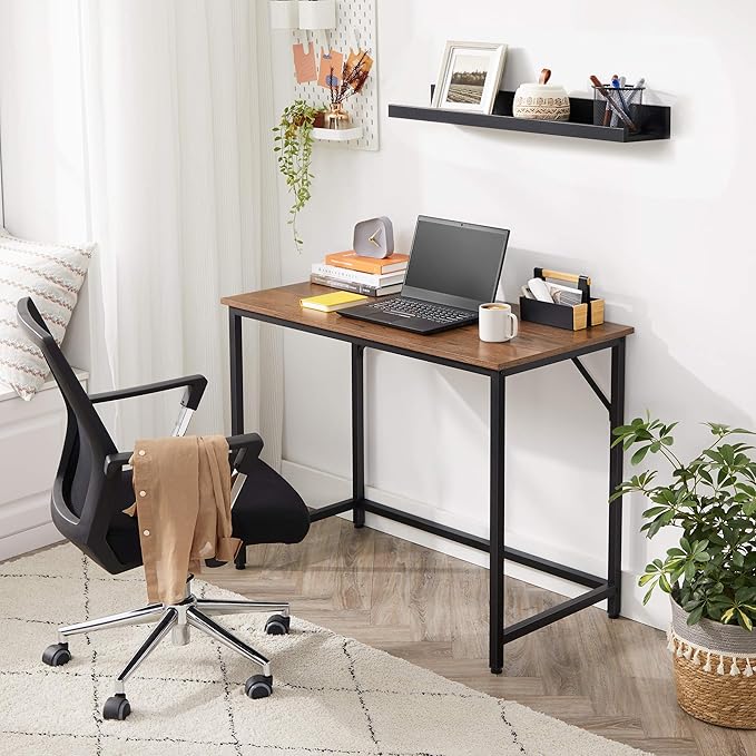 VASAGLE Computer Desk, Office Work Desk, for Small Spaces, 19.7 x 39.4 x 29.5 Inches, Industrial Style, Metal Frame, Hazelnut Brown and Black ULWD041B03