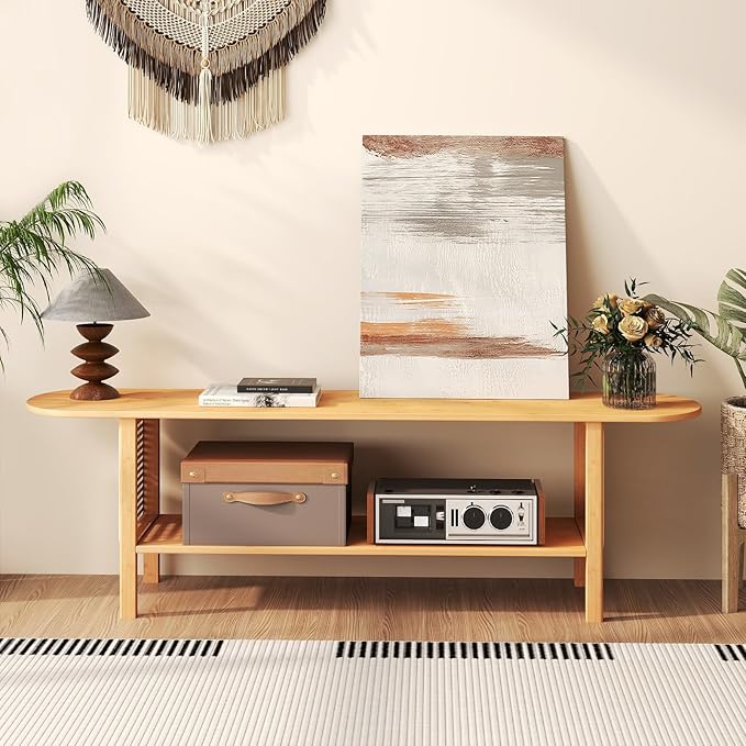 HollyHOME Bamboo TV Stand with Storage for TVs up to 65", Modern Entertainment Center with Rattan Side, Accent TV Table with 2 Shelf, Media Console TV Stand for Living Room, Bedroom, Burlywood
