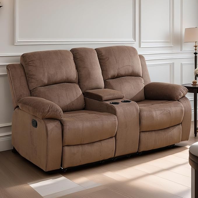 Loveseat Recliner Sofa, Reclining Loveseat Couch with Storage Console, Modern Comfy Home Theater Seating Power Recliner Chair with Cup Holders for Living Room Furniture Sets, Brown