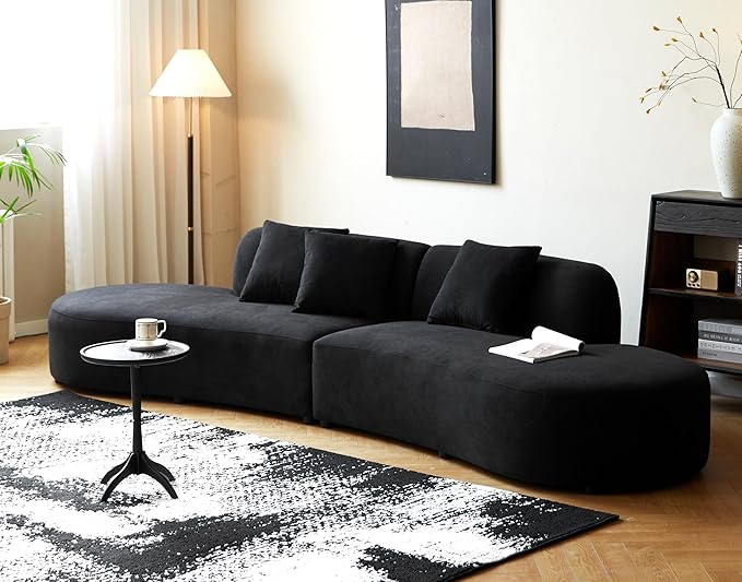 Container Furniture Direct 132" Curved Sofa with Throw Pillows, 6 Seater Luxury Velvet Couch with Half Moon Design and High-Density Foam, Ideal for Modern Living Room, Office & Apartment, Black
