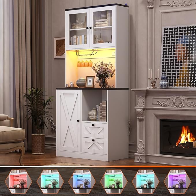 71" Tall Coffee Bar Cabinet with Storage Hutch, Farmhouse Kitchen Pantry Cabinet with LED Lights Microwave Stand and Glass Holder for Home Dining Room Kitchen,White