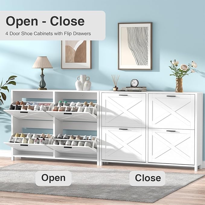 47" W Large Shoe Storage Cabinet with 4 Flip Drawers, Freestanding Hidden Shoe Cabinet Organizer with Adjustable Shelf, Narrow Shoe Cabinet for Entryway Hallway Living Room