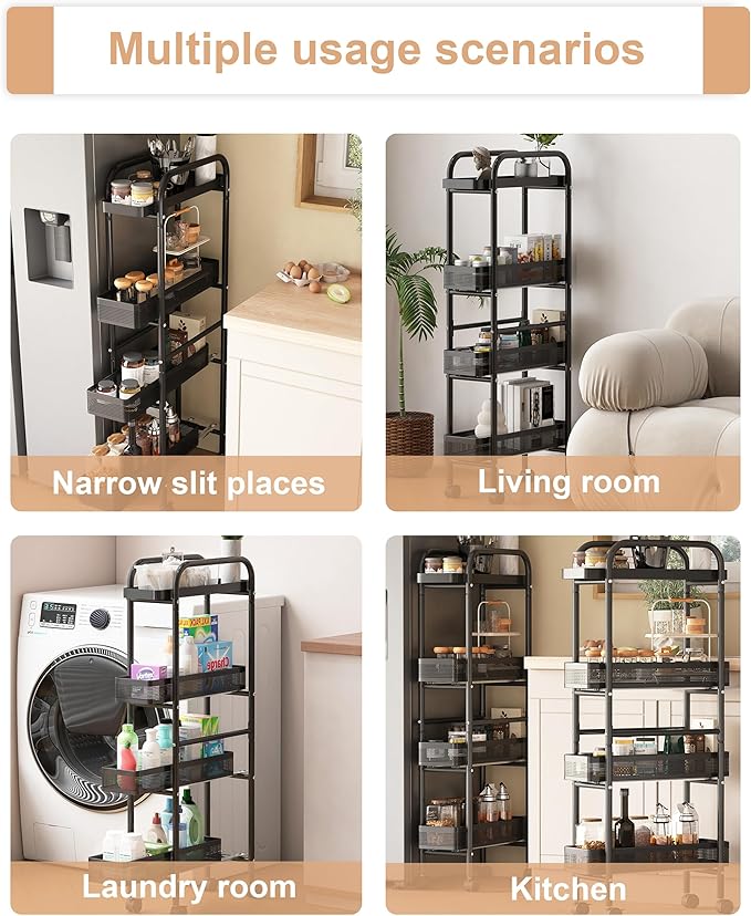 UMDONX Slim Storage Cart 4 Tier with Pull Out Basket Bathroom Organizer Rolling cart, Rolling Utility Cart Slide Out Organizer for Kitchen, Bathroom, Laundry Black