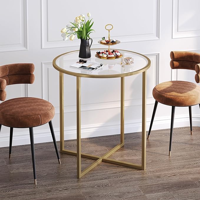 SAYGOER Small Round Dining Table for 2,Glass Circle Kitchen Dinner Table,26.7'' Multifuntional Modern Desk for Dining Room,Office,Kitchen,Apartment,Easy Assembly,Gold