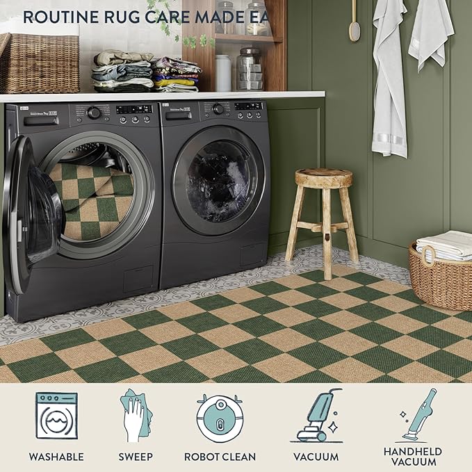 Lahome Checkered Outdoor Runner Rug, 2x8 Green Kitchen Runner Rugs for Non Skid Washable Entryway Carpet, Checkerboard Non Slip Non Shedding Carpet for Bedroom