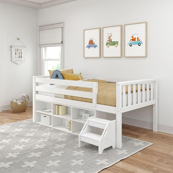 Max & Lily Soren Ultra Low Loft Bed, Twin Bed Frame for Kids with Bookcase, White