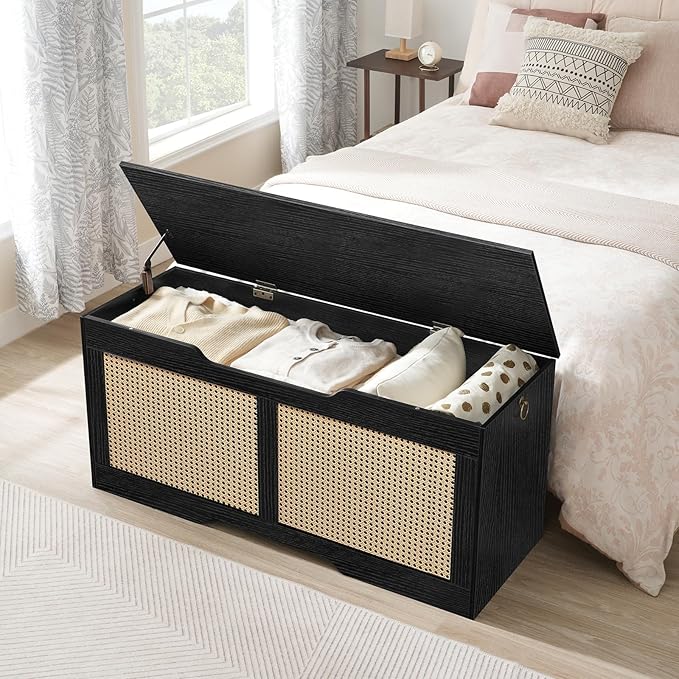 HOOBRO Storage Bench, 43.3" Toy Box, Rattan-Like Storage Chest, Sturdy Entryway Bench Supports 220 lb, Toy Chest, Safety Hinge, U-Shaped Opening, Easy Assembly, Black BB22CW01